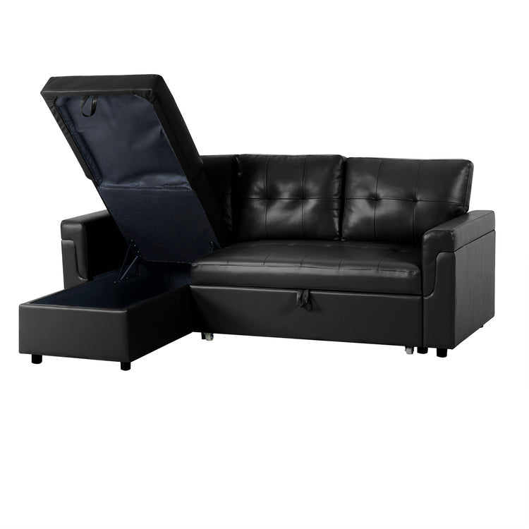 Reversible Sleeper Sectional Sofa with Storage Chaise – Pull - Out Bed for Apartments - with Black Leather | Sold by Uncle Wiener's Wholesale