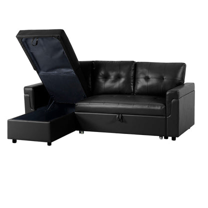 Reversible Sleeper Sectional Sofa with Storage Chaise – Pull - Out Bed for Apartments - with Black Leather | Sold by Uncle Wiener's Wholesale