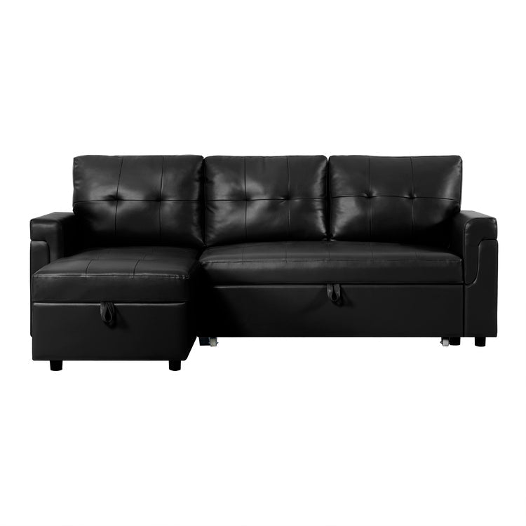 Reversible Sleeper Sectional Sofa with Storage Chaise – Pull - Out Bed for Apartments - with Black Leather | Sold by Uncle Wiener's Wholesale
