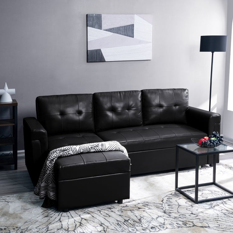 Reversible Sleeper Sectional Sofa with Storage Chaise – Pull - Out Bed for Apartments - with Black Leather | Sold by Uncle Wiener's Wholesale