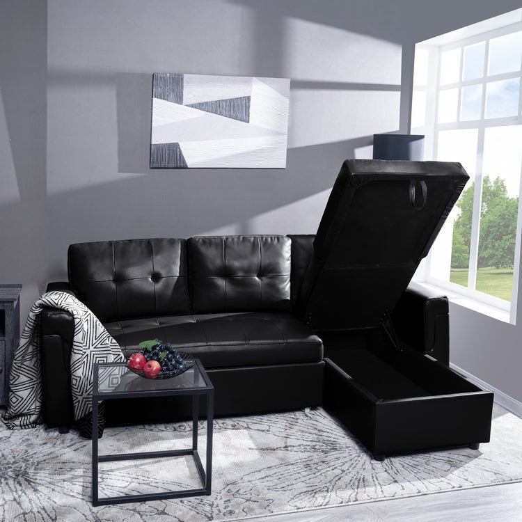 Reversible Sleeper Sectional Sofa with Storage Chaise – Pull - Out Bed for Apartments - with Black Leather | Sold by Uncle Wiener's Wholesale