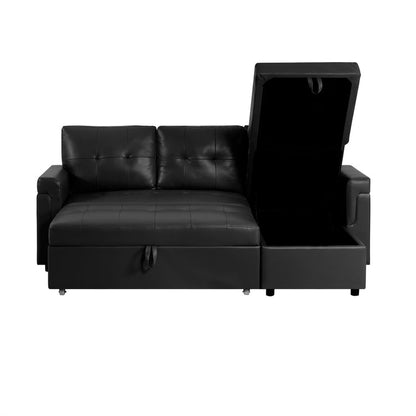 Reversible Sleeper Sectional Sofa with Storage Chaise – Pull - Out Bed for Apartments - with Black Leather | Sold by Uncle Wiener's Wholesale
