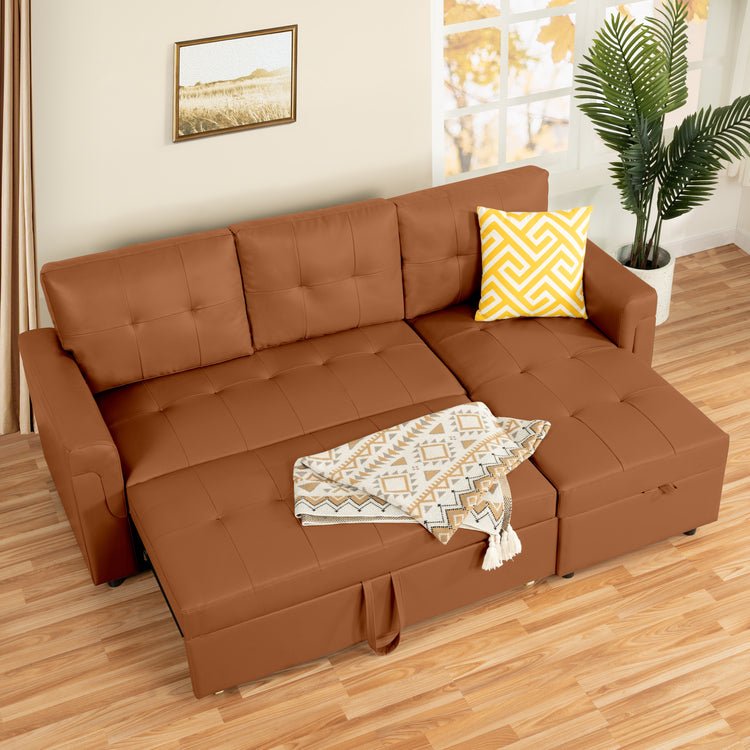 Reversible Sleeper Sectional Sofa with Storage Chaise – Pull - Out Bed for Apartments - with Black Leather | Sold by Uncle Wiener's Wholesale