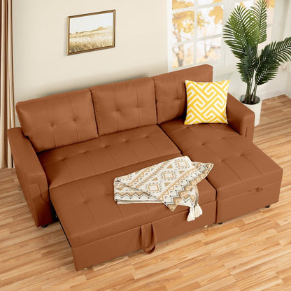 Reversible Sleeper Sectional Sofa with Storage Chaise – Pull - Out Bed for Apartments - with Black Leather | Sold by Uncle Wiener's Wholesale