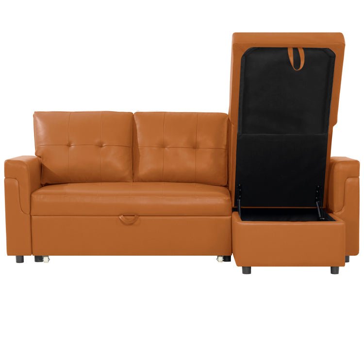 Reversible Sleeper Sectional Sofa with Storage Chaise – Pull - Out Bed for Apartments - with Black Leather | Sold by Uncle Wiener's Wholesale