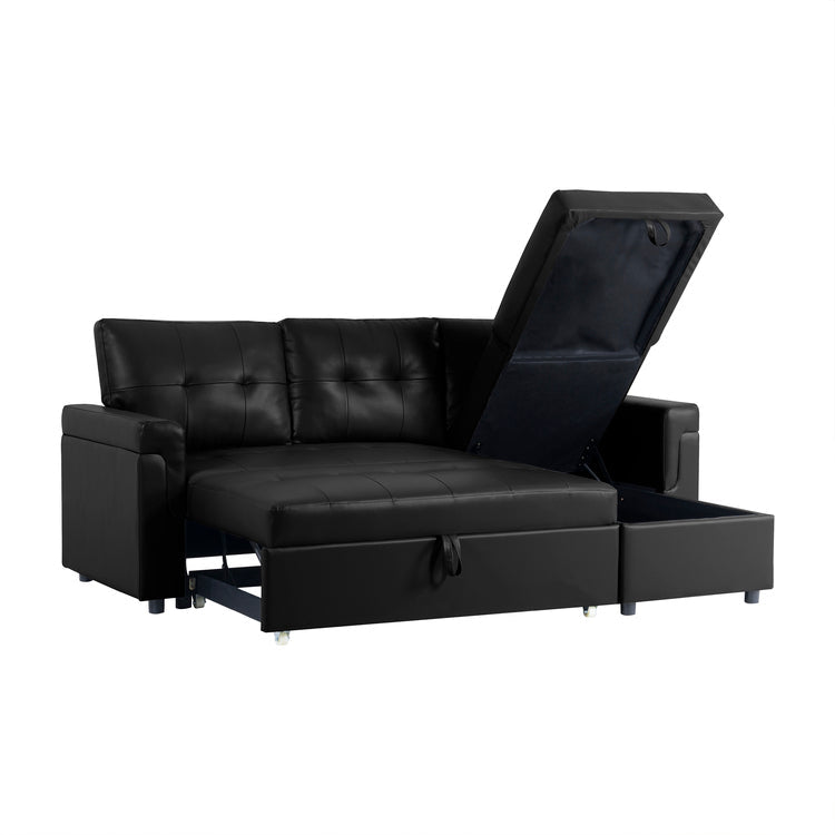 Reversible Sleeper Sectional Sofa with Storage Chaise – Pull - Out Bed for Apartments - with Black Leather | Sold by Uncle Wiener's Wholesale