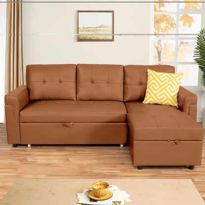 Reversible Sleeper Sectional Sofa with Storage Chaise – Pull - Out Bed for Apartments - with Caramel Leather | Sold by Uncle Wiener's Wholesale