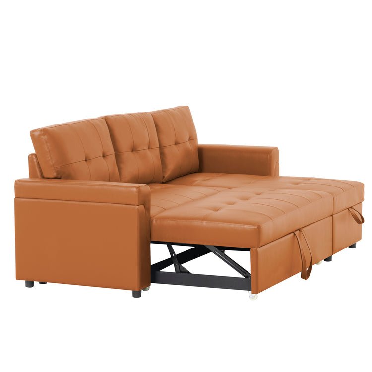 Reversible Sleeper Sectional Sofa with Storage Chaise – Pull - Out Bed for Apartments - with Black Leather | Sold by Uncle Wiener's Wholesale