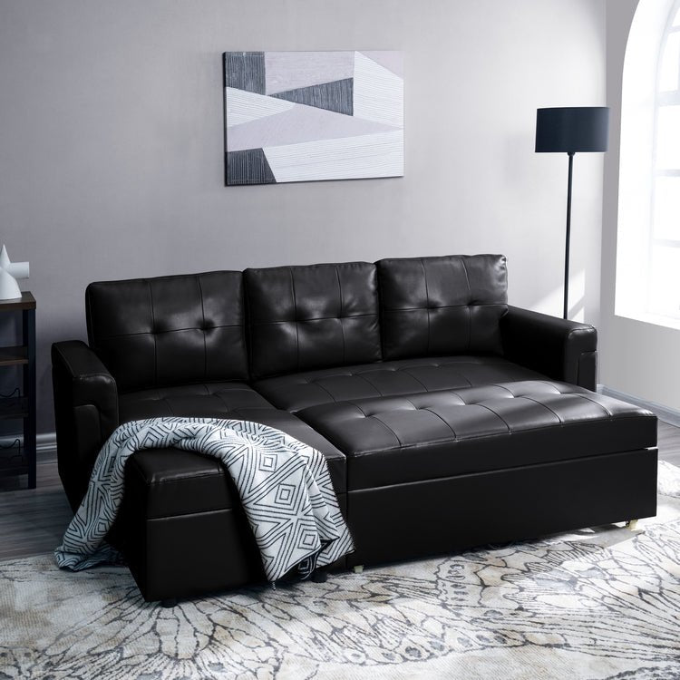 Reversible Sleeper Sectional Sofa with Storage Chaise – Pull - Out Bed for Apartments - with Black Leather | Sold by Uncle Wiener's Wholesale