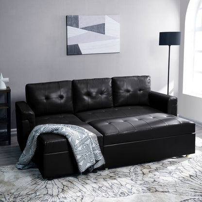 Reversible Sleeper Sectional Sofa with Storage Chaise – Pull - Out Bed for Apartments - with Black Leather | Sold by Uncle Wiener's Wholesale