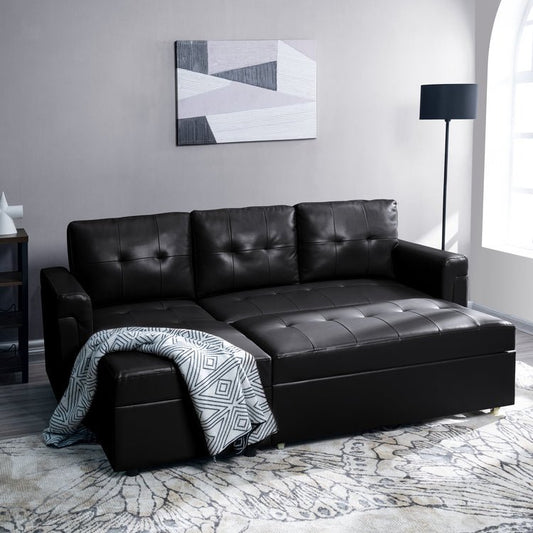 Reversible Sleeper Sectional Sofa with Storage Chaise – Pull - Out Bed for Apartments - with Black Leather | Sold by Uncle Wiener's Wholesale