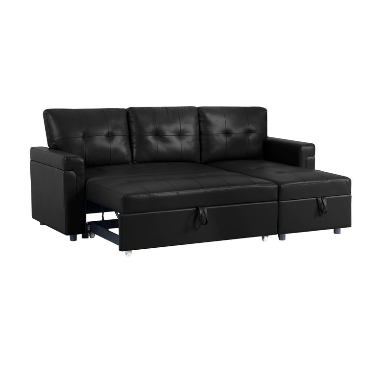 Reversible Sleeper Sectional Sofa with Storage Chaise – Pull - Out Bed for Apartments - with Black Leather | Sold by Uncle Wiener's Wholesale