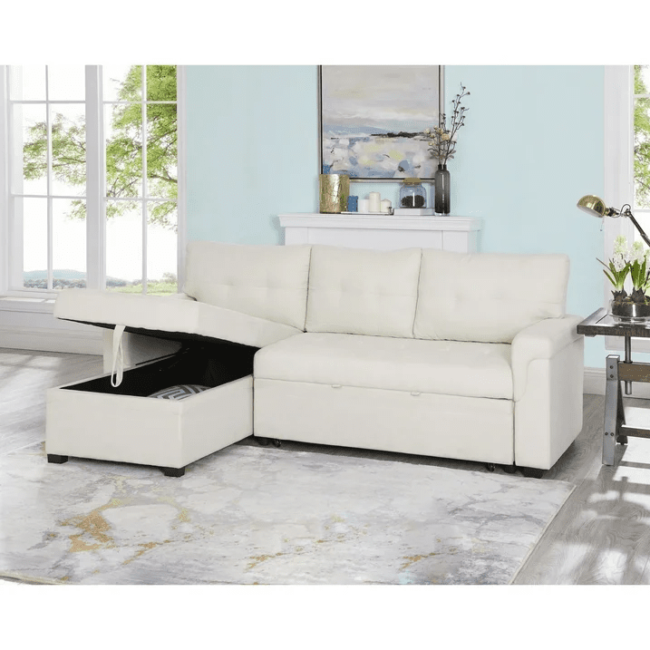 Reversible Sleeper Sectional Sofa with Storage Chaise – Pull - Out Bed for Apartments - with Caramel Leather | Sold by Uncle Wiener's Wholesale