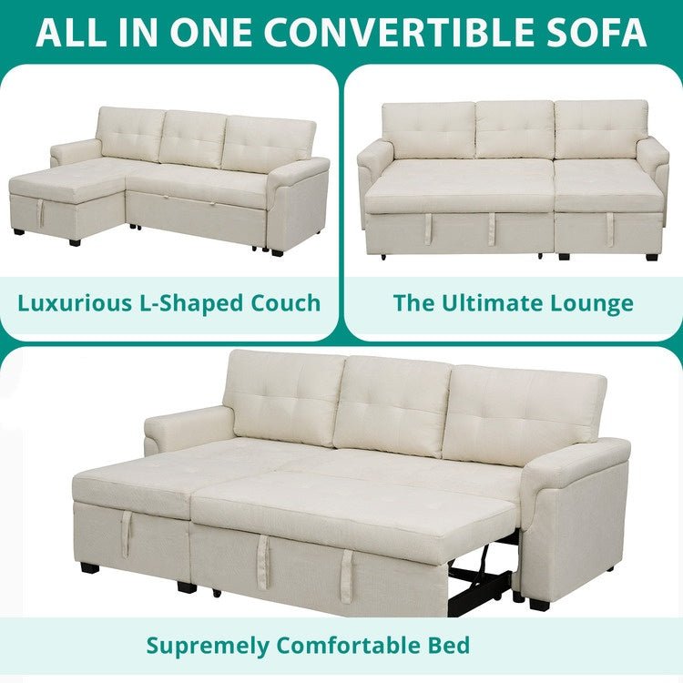 Reversible Sleeper Sectional Sofa with Storage Chaise – Pull - Out Bed for Apartments - with Caramel Leather | Sold by Uncle Wiener's Wholesale