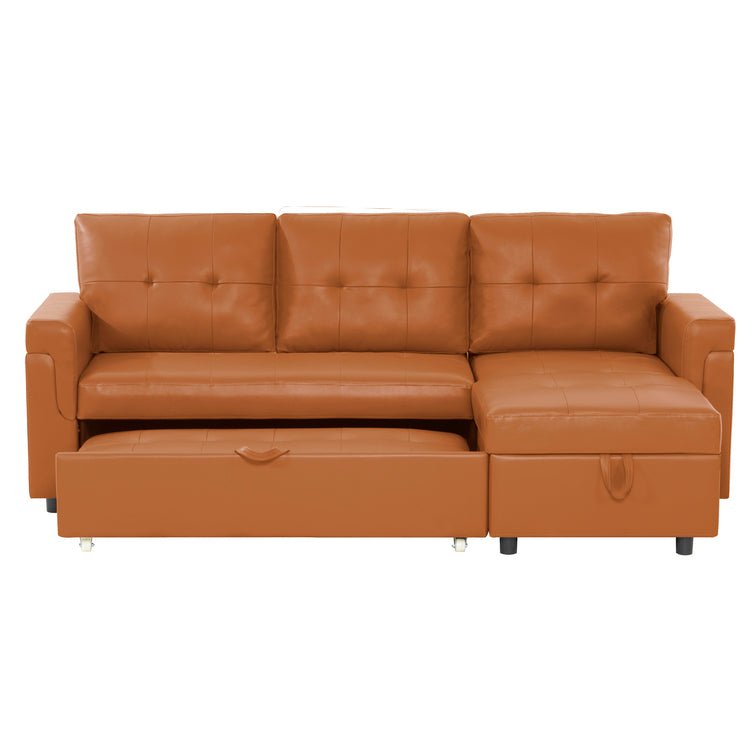 Reversible Sleeper Sectional Sofa with Storage Chaise – Pull - Out Bed for Apartments - with Black Leather | Sold by Uncle Wiener's Wholesale