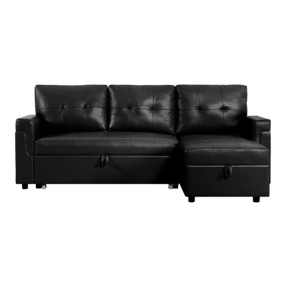 Reversible Sleeper Sectional Sofa with Storage Chaise – Pull - Out Bed for Apartments - with Black Leather | Sold by Uncle Wiener's Wholesale