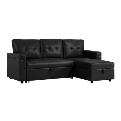 Reversible Sleeper Sectional Sofa with Storage Chaise – Pull - Out Bed for Apartments - with Black Leather | Sold by Uncle Wiener's Wholesale