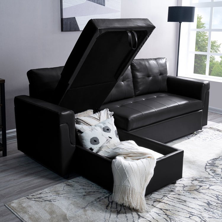 Reversible Sleeper Sectional Sofa with Storage Chaise – Pull - Out Bed for Apartments - with Black Leather | Sold by Uncle Wiener's Wholesale