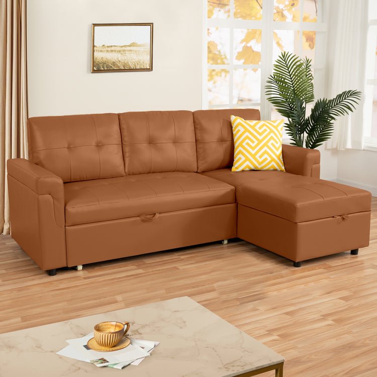 Reversible Sleeper Sectional Sofa with Storage Chaise – Pull - Out Bed for Apartments - with Caramel Leather | Sold by Uncle Wiener's Wholesale