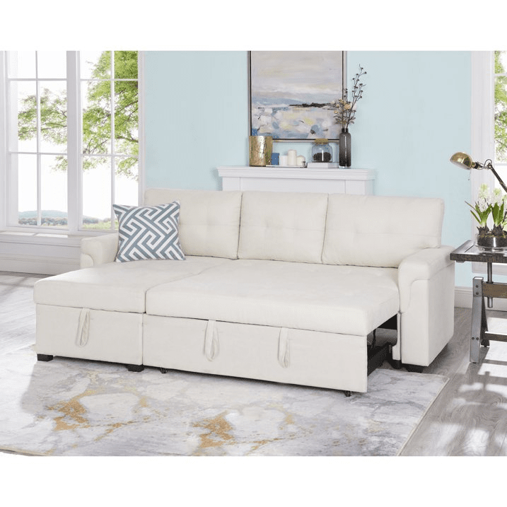 Reversible Sleeper Sectional Sofa with Storage Chaise – Pull - Out Bed for Apartments - with Caramel Leather | Sold by Uncle Wiener's Wholesale