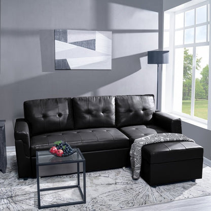 Reversible Sleeper Sectional Sofa with Storage Chaise – Pull - Out Bed for Apartments - with Black Leather | Sold by Uncle Wiener's Wholesale