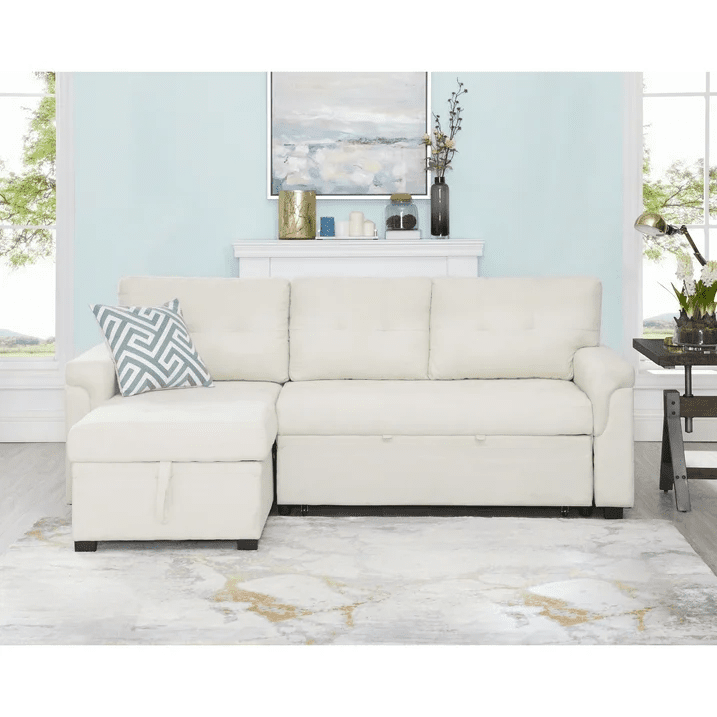 Reversible Sleeper Sectional Sofa with Storage Chaise – Pull - Out Bed for Apartments - with Caramel Leather | Sold by Uncle Wiener's Wholesale
