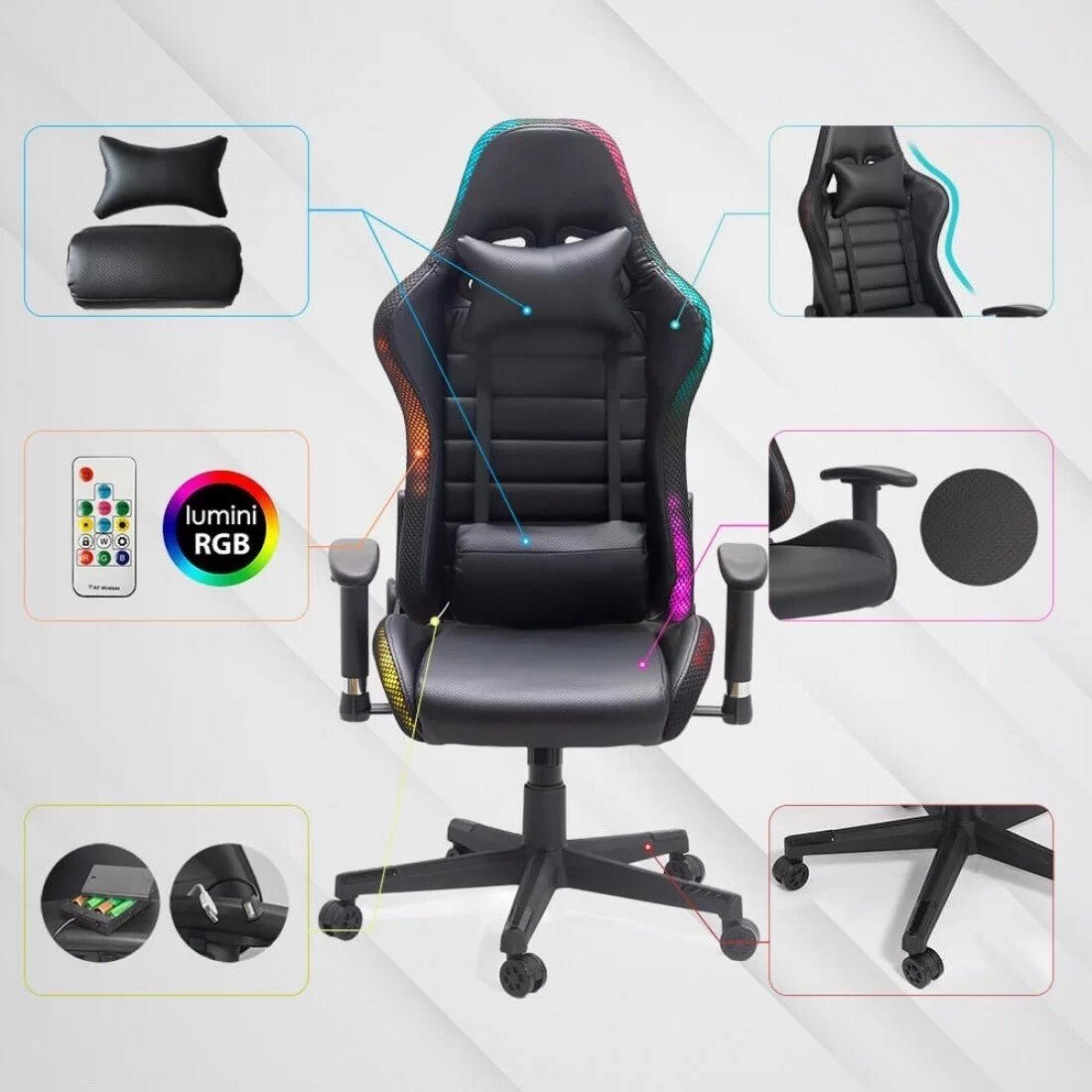 RGB Gaming Chair with LED Lights – Ergonomic PU Leather Office & Computer Chair with Lumbar Support & 2D Armrests GC11901 - with | Sold by Uncle Wiener's Wholesale