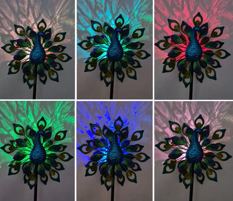 RGB LED Solar Peacock Wind Spinner | Outdoor Garden Decor – 954121 - with | Sold by Uncle Wiener's Wholesale