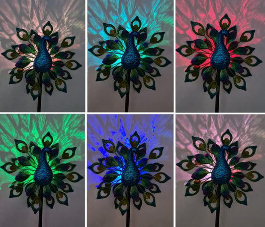 RGB LED Solar Peacock Wind Spinner | Outdoor Garden Decor – 954121 - with | Sold by Uncle Wiener's Wholesale