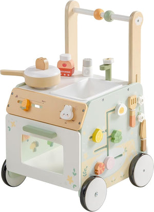ROBUD Wooden Baby Push Walker & Montessori Activity Centre – Adjustable Height Learning Walker with Farm Kitchen Play Set for 12 Months+