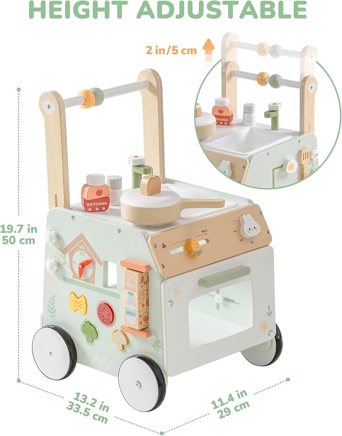 ROBUD Wooden Baby Push Walker & Montessori Activity Centre – Adjustable Height Learning Walker with Farm Kitchen Play Set for 12 Months+ - Toys with | Sold by Uncle Wiener's Wholesale