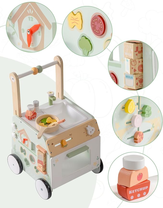 ROBUD Wooden Baby Push Walker & Montessori Activity Centre – Adjustable Height Learning Walker with Farm Kitchen Play Set for 12 Months+ - Toys with | Sold by Uncle Wiener's Wholesale