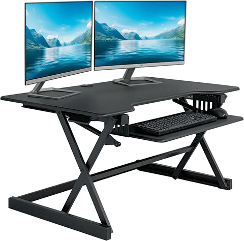 Rocelco 40" Height Adjustable Standing Desk Converter with AC Outlet and USB Charger - Gas Spring Sit Stand Up Dual Monitor Tabletop Riser Workstation - Large Keyboard Tray - Black (R DADRB - 40 - ACUSB) - with 40" | Sold by Uncle Wiener's Wholesale