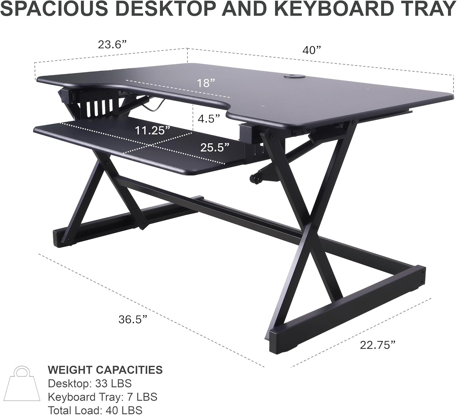 Rocelco 40" Height Adjustable Standing Desk Converter with AC Outlet and USB Charger - Gas Spring Sit Stand Up Dual Monitor Tabletop Riser Workstation - Large Keyboard Tray - Black (R DADRB - 40 - ACUSB) - with 40" | Sold by Uncle Wiener's Wholesale