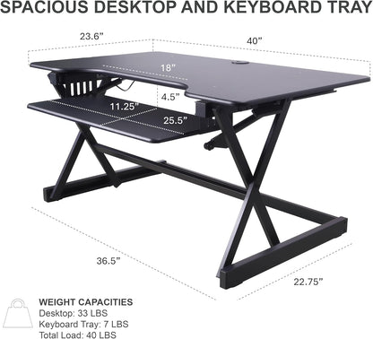 Rocelco 40" Height Adjustable Standing Desk Converter with AC Outlet and USB Charger - Gas Spring Sit Stand Up Dual Monitor Tabletop Riser Workstation - Large Keyboard Tray - Black (R DADRB - 40 - ACUSB) - with 40" | Sold by Uncle Wiener's Wholesale