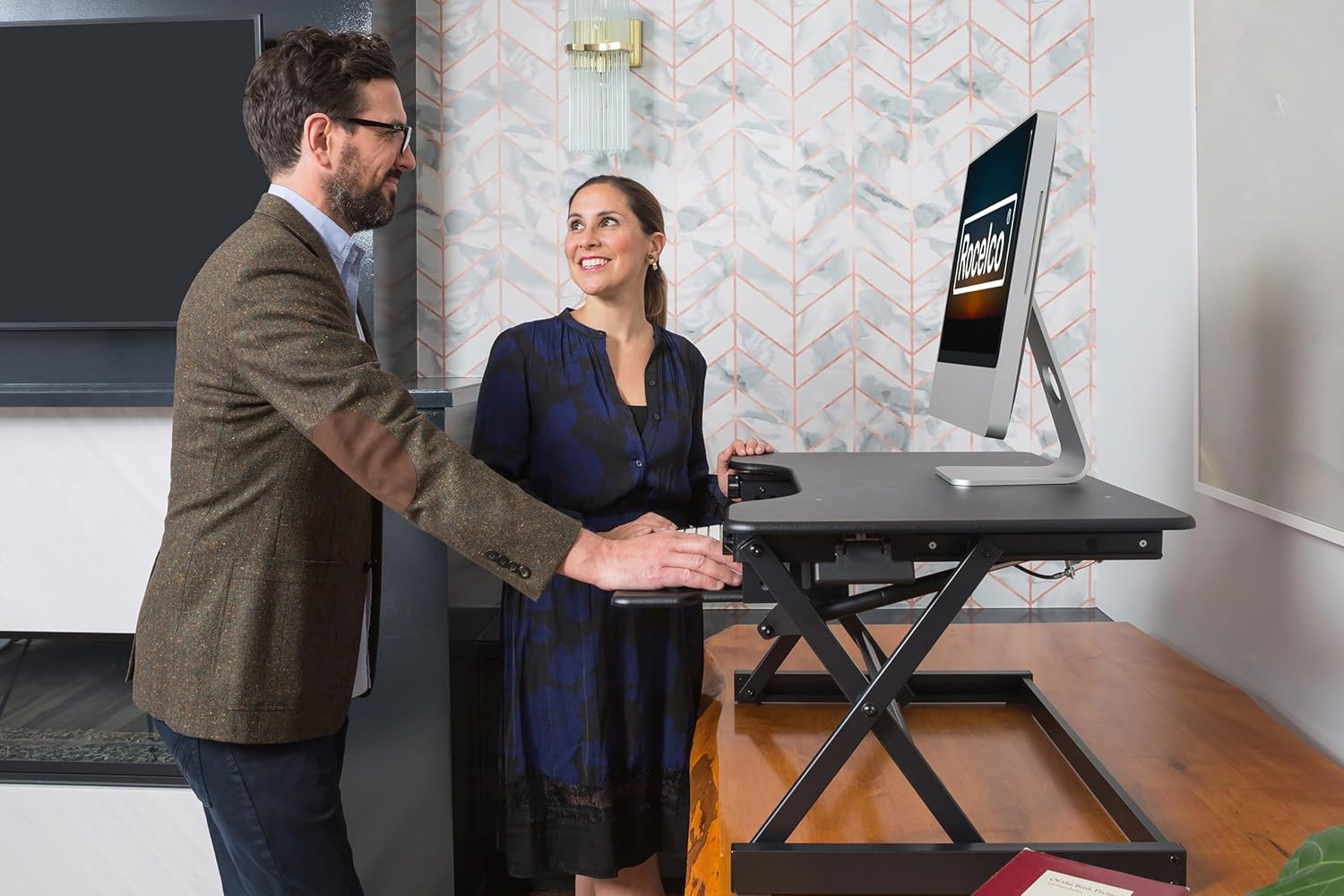 Rocelco 40" Height Adjustable Standing Desk Converter with AC Outlet and USB Charger - Gas Spring Sit Stand Up Dual Monitor Tabletop Riser Workstation - Large Keyboard Tray - Black (R DADRB - 40 - ACUSB) - with 40" | Sold by Uncle Wiener's Wholesale
