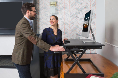 Rocelco 40" Height Adjustable Standing Desk Converter with AC Outlet and USB Charger - Gas Spring Sit Stand Up Dual Monitor Tabletop Riser Workstation - Large Keyboard Tray - Black (R DADRB - 40 - ACUSB) - with 40" | Sold by Uncle Wiener's Wholesale