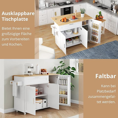 Rolling Kitchen Island Cart with Folding Worktop, Storage Cabinet, Drawer & Spice Rack on Wheels KI001WT - with | Sold by Uncle Wiener's Wholesale