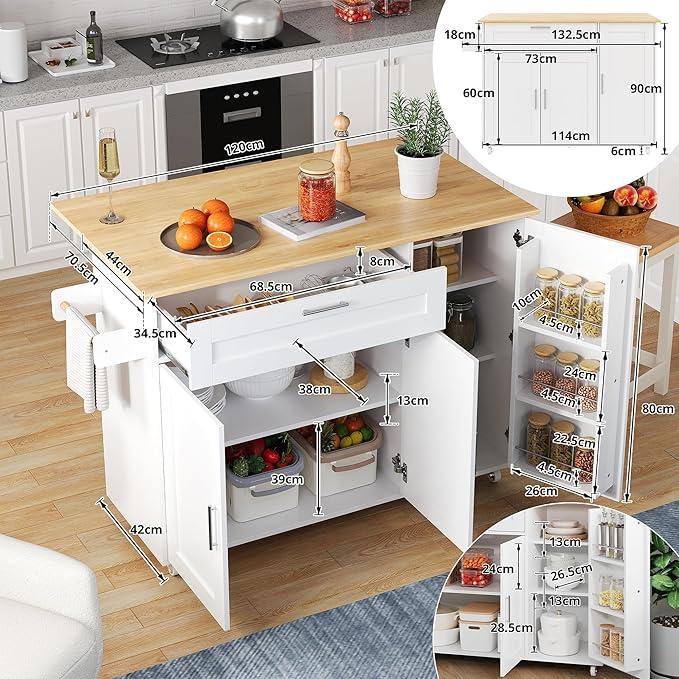 Rolling Kitchen Island Cart with Folding Worktop, Storage Cabinet, Drawer & Spice Rack on Wheels KI001WT - with | Sold by Uncle Wiener's Wholesale