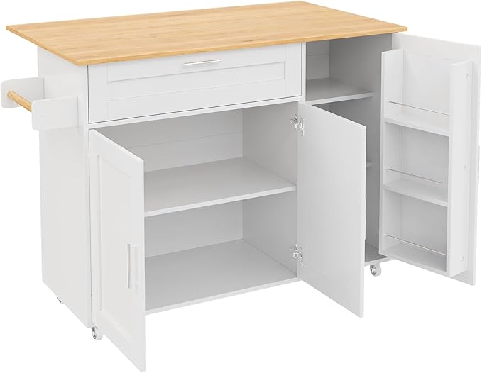 Rolling Kitchen Island Cart with Folding Worktop, Storage Cabinet, Drawer & Spice Rack on Wheels KI001WT - with | Sold by Uncle Wiener's Wholesale