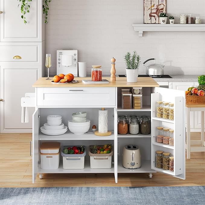 Rolling Kitchen Island Cart with Folding Worktop, Storage Cabinet, Drawer & Spice Rack on Wheels KI001WT - with | Sold by Uncle Wiener's Wholesale
