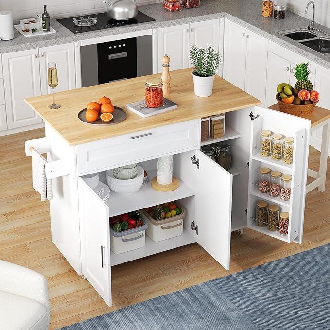 Rolling Kitchen Island Cart with Folding Worktop, Storage Cabinet, Drawer & Spice Rack on Wheels KI001WT - with | Sold by Uncle Wiener's Wholesale