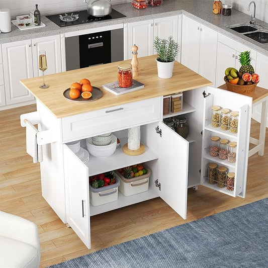 Rolling Kitchen Island Cart with Folding Worktop, Storage Cabinet, Drawer & Spice Rack on Wheels KI001WT - with | Sold by Uncle Wiener's Wholesale