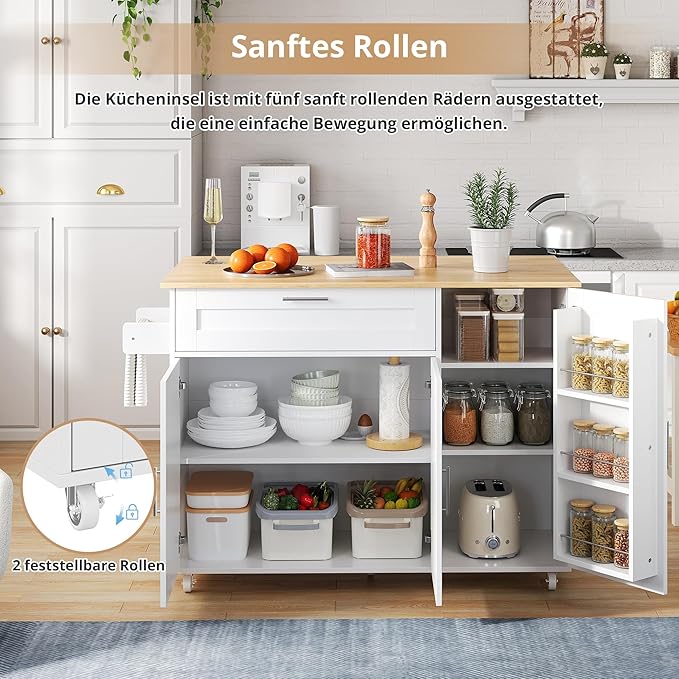 Rolling Kitchen Island Cart with Folding Worktop, Storage Cabinet, Drawer & Spice Rack on Wheels KI001WT - with | Sold by Uncle Wiener's Wholesale