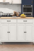 Rolling Kitchen Island Cart with Wood Top, Cabinets, Drawers & Locking Wheels – White Mobile Coffee Bar Trolley CB037W - with | Sold by Uncle Wiener's Wholesale