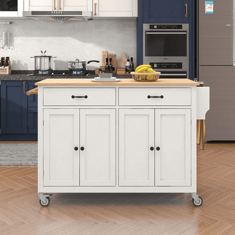 Rolling Kitchen Island Cart with Wood Top, Cabinets, Drawers & Locking Wheels – White Mobile Coffee Bar Trolley CB037W - with | Sold by Uncle Wiener's Wholesale