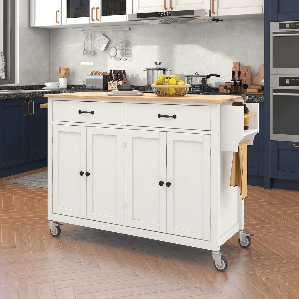 Rolling Kitchen Island Cart with Wood Top, Cabinets, Drawers & Locking Wheels – White Mobile Coffee Bar Trolley CB037W - with | Sold by Uncle Wiener's Wholesale