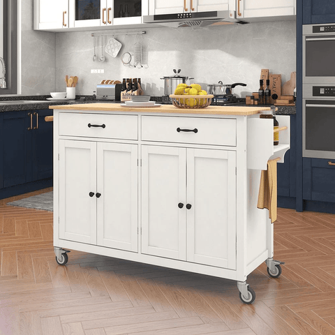 Rolling Kitchen Island Cart with Wood Top, Cabinets, Drawers & Locking Wheels – White Mobile Coffee Bar Trolley CB037W - with | Sold by Uncle Wiener's Wholesale