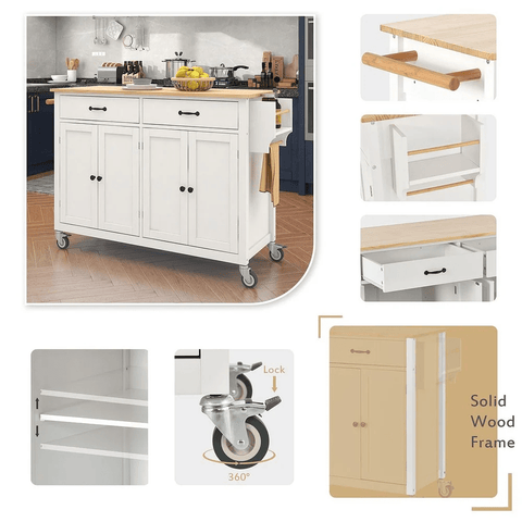 Rolling Kitchen Island Cart with Wood Top, Cabinets, Drawers & Locking Wheels – White Mobile Coffee Bar Trolley CB037W - with | Sold by Uncle Wiener's Wholesale