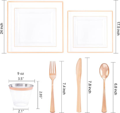 Rose Gold Disposable Dinnerware Set – Square Plastic Plates, Cups & Cutlery for Weddings, Parties, Baby Showers & Special Events - Home products with | Sold by Uncle Wiener's Wholesale